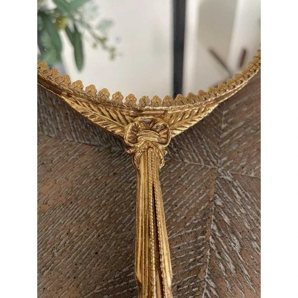 Vtg Matson Stylebuilt Hand Held Mirror 24 k Gold Tea Rose and Rope Tassel Design
